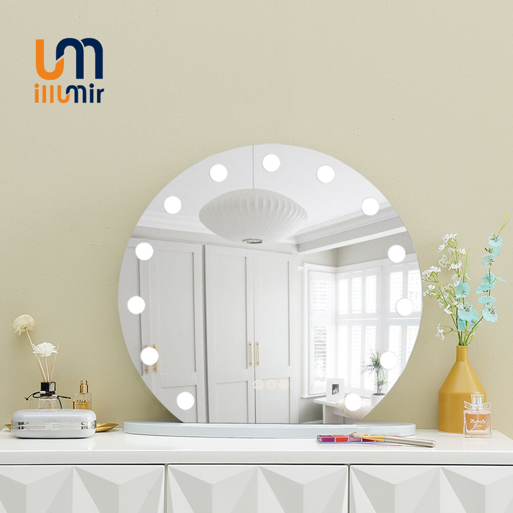 Luxury Round LED Makeup Mirror 1002-02, Dimmable 3000K-6000K, Wood Frame